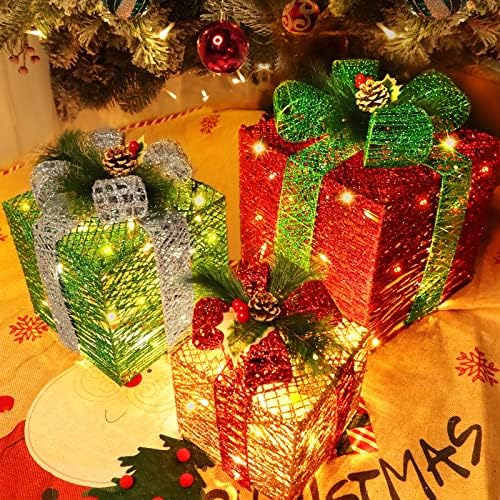 [סופר גדול 12 -10 -8 ] 3 חבילה 60 LED לחג המולד קופסאות מתנה מוארות קישוטי קישוטי קופסא נצנצים נצנצים קופסה נוצצת עם חרוטים אורנים פירות
